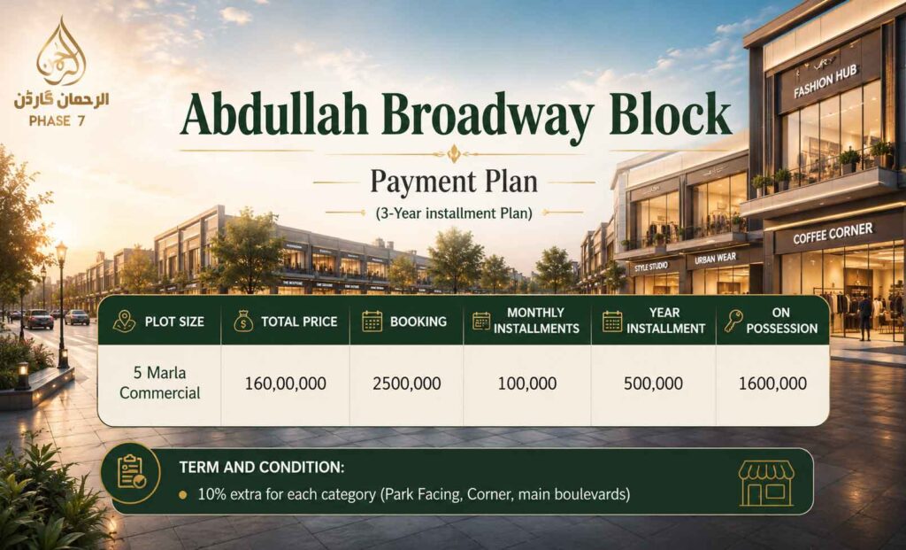 Abdullah Broadway Commercial block payment plan al rehman garden phase 7 lahore