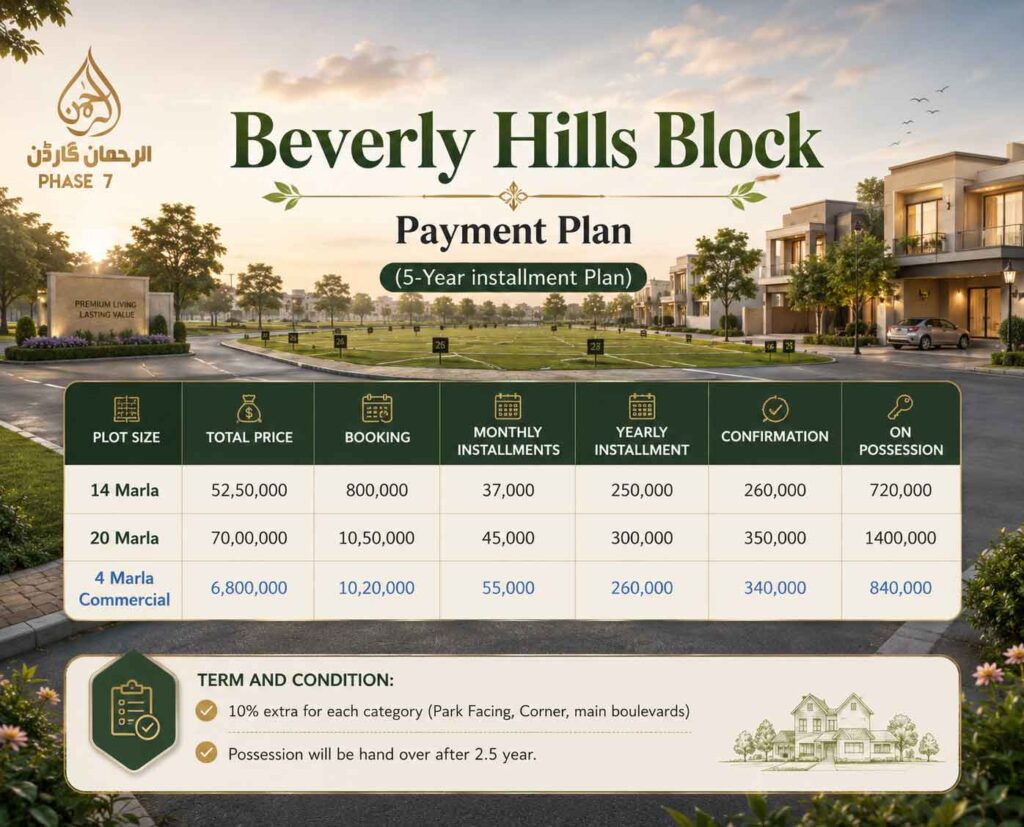 Beverly Hills block payment plan al rehman garden phase 7 lahore