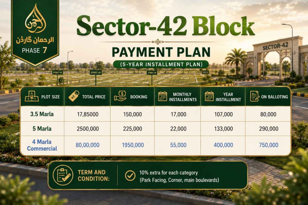 sector 42 block payment plan al rehman garden phase 7 lahore